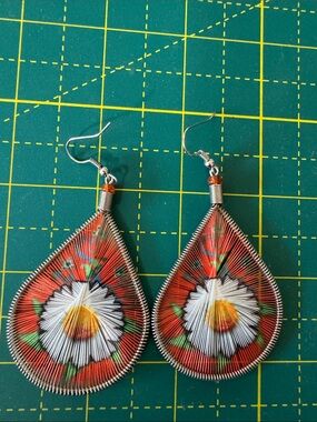 Handcrafted Orange Floral Thread Teardrop Earrings